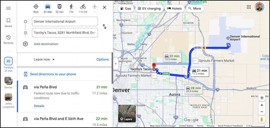 google maps later time delayed directions - den to torchy's routes