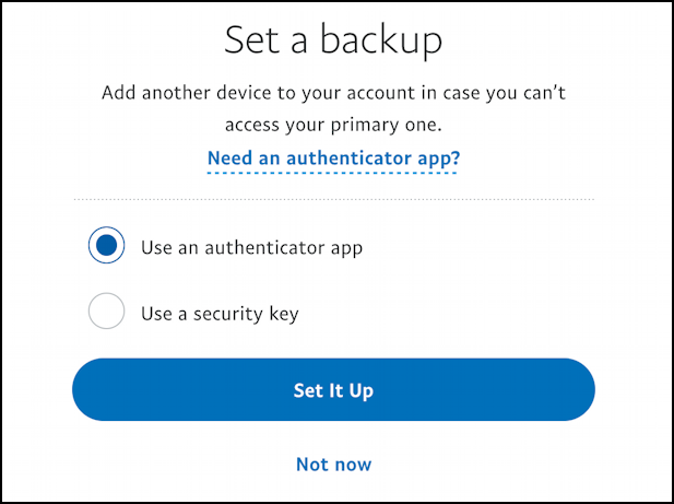paypal enable 2fa authenticator app - set a backup device