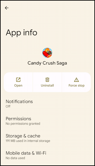 android fully uninstall app cache data - settings > app > candy crush saga