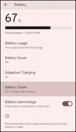 android pixel wireless powershare - settings > battery