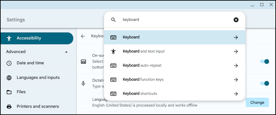 chromebook chromeos shelf - settings search: keyboard