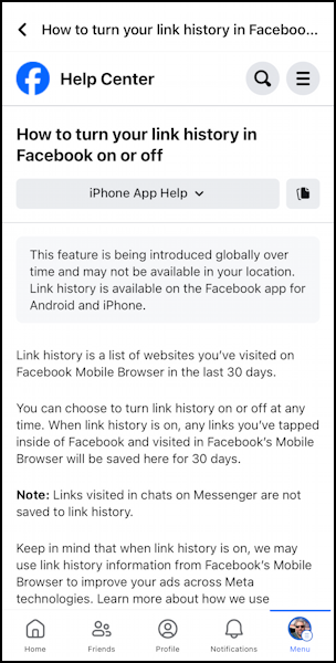 facebook disable link history - how link history uses information