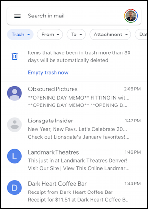 gmail for mobile iphone search trash - current trash folder