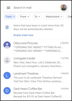 gmail for mobile iphone search trash - current trash folder