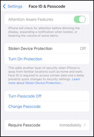 enable iphone stolen device protection - on/off setting control