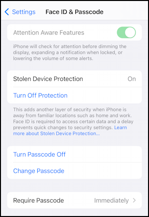 enable iphone stolen device protection - enabled on