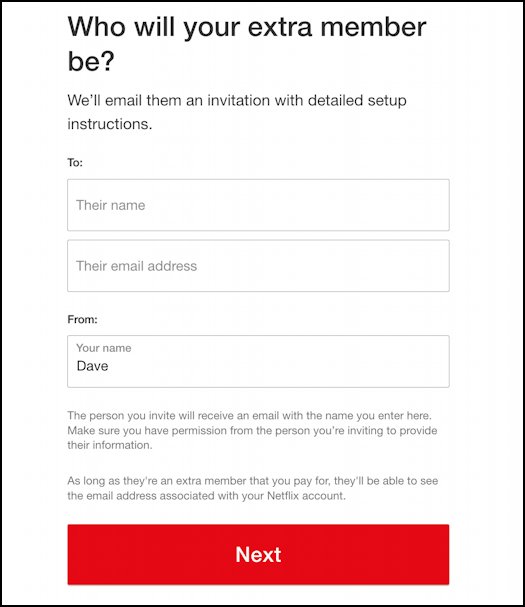 netflix remote access add extra member - email and first name