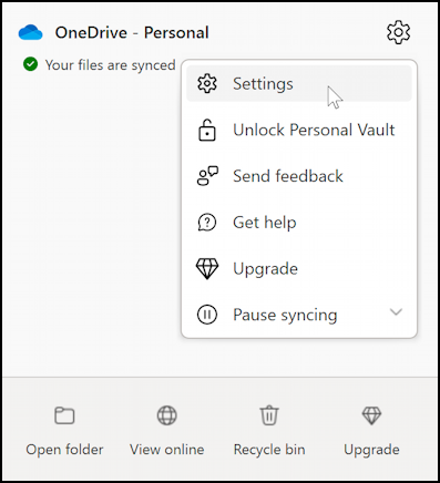 onedrive space available used - menu settings