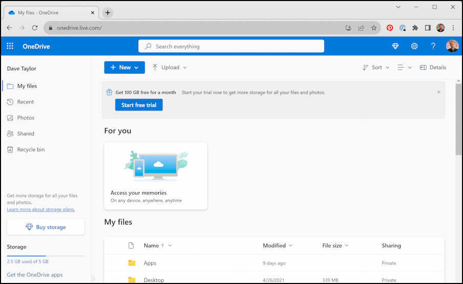 onedrive space available used - web interface