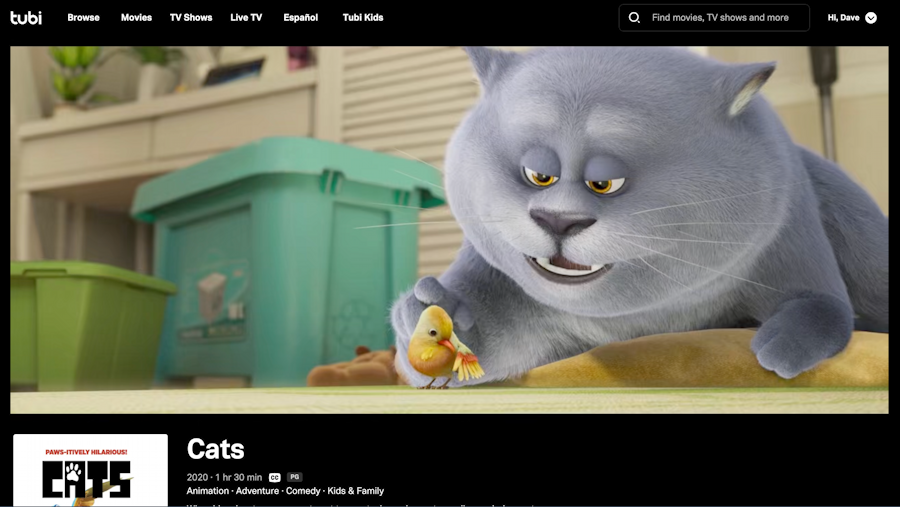 tubi tv for kids - cats animated chlidren's movie