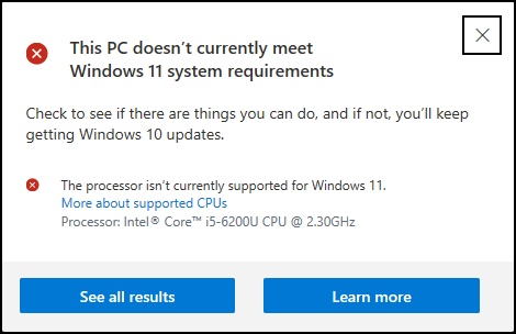 win10 updates security - pc health check - cpu too old