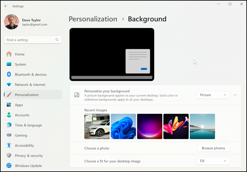 set photo as desktop wallpaper - settings > personalization > background