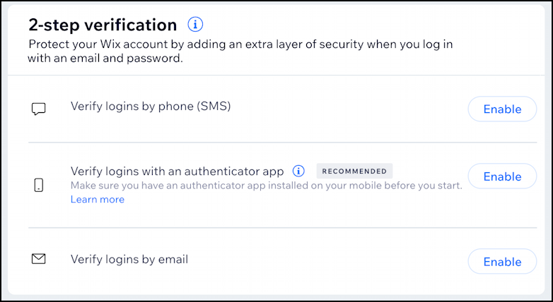 wix enable account authentication 2-factor - setup