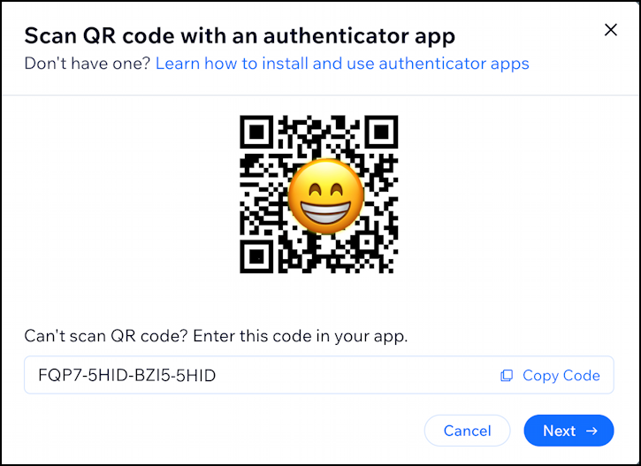 wix enable account authentication 2-factor - scan this qr code