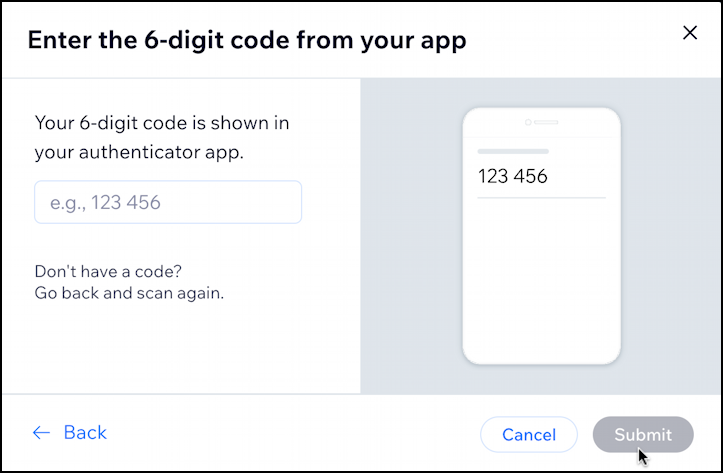 wix enable account authentication 2-factor - enter new code