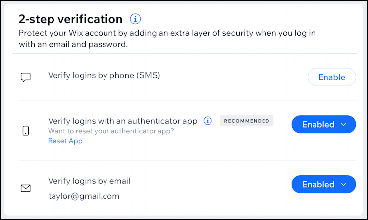 wix enable account authentication 2-factor - all set up