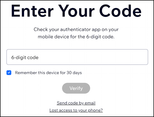 wix enable account authentication 2-factor - enter your code to log in
