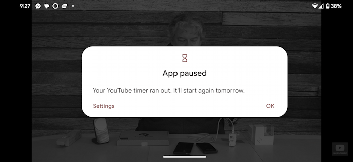 android app time limit youtube - app paused