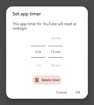 android app time limit youtube - set timer 