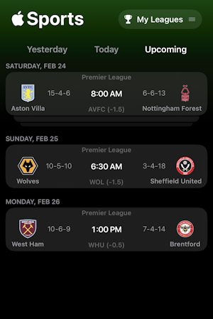 apple sports iphone - upcoming events compact view