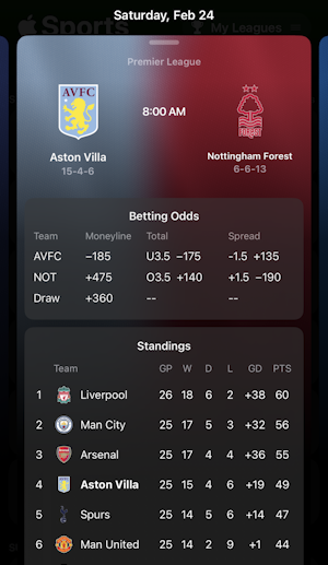 apple sports iphone - match details with betting info
