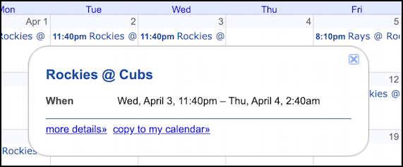 google calendar subscribe add sports team schedule - april 3 event detail