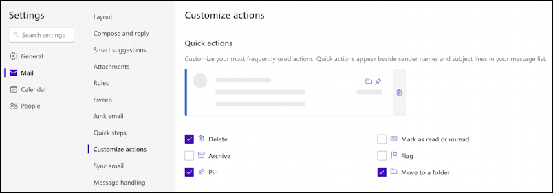 outlook quick actions - settings area