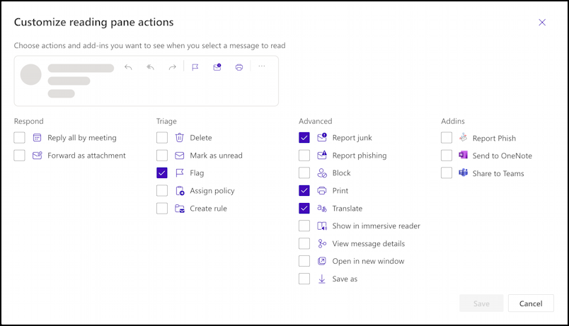 outlook reading pane action - customize actions