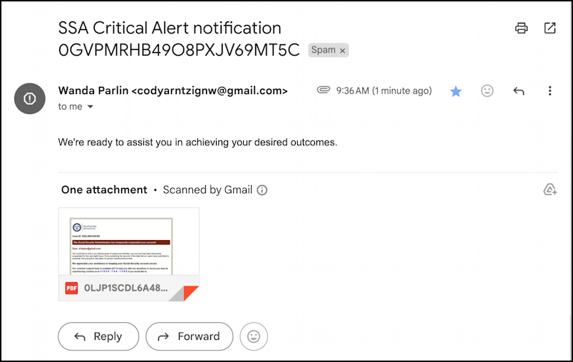 ssa scam phishing email - message with pdf attachment