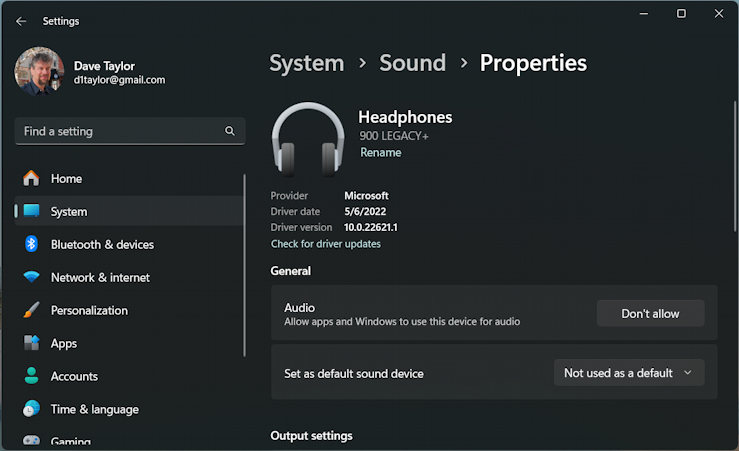 win11 sound settings - output headphones