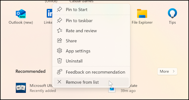 win11 start menu - right click on recommended item