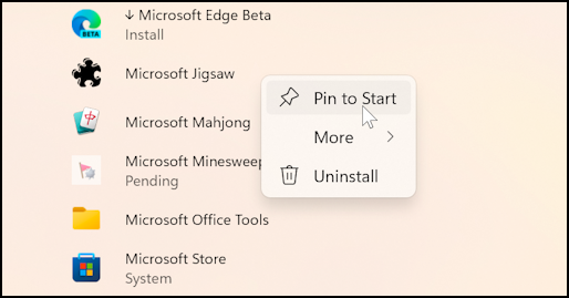 win11 start menu - all apps > pin to start