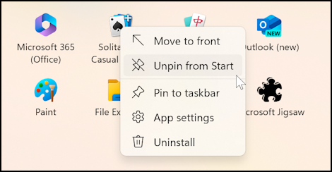 win11 start menu - unpin app icon 