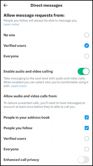 x twitter disable audio video calls - privacy settings > direct messages