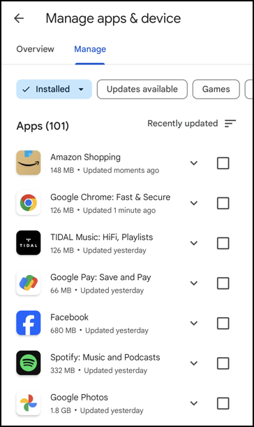 android delete apps by size unused - play store > manage apps