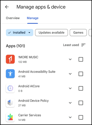 android delete apps by size unused - google play store > manage apps - least used