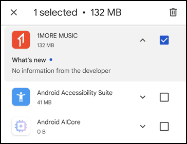 android delete apps by size unused - google play store > manage apps - app box checked