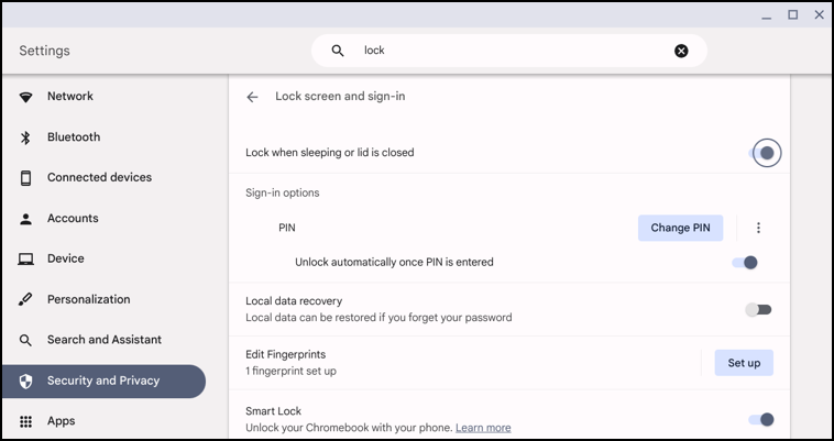 chromebook chromeos change sleep timer - settings > security & privacy 