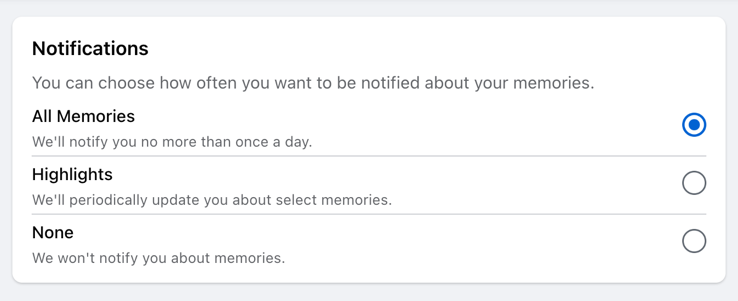 facebook fb memories - notifications / reminders settings