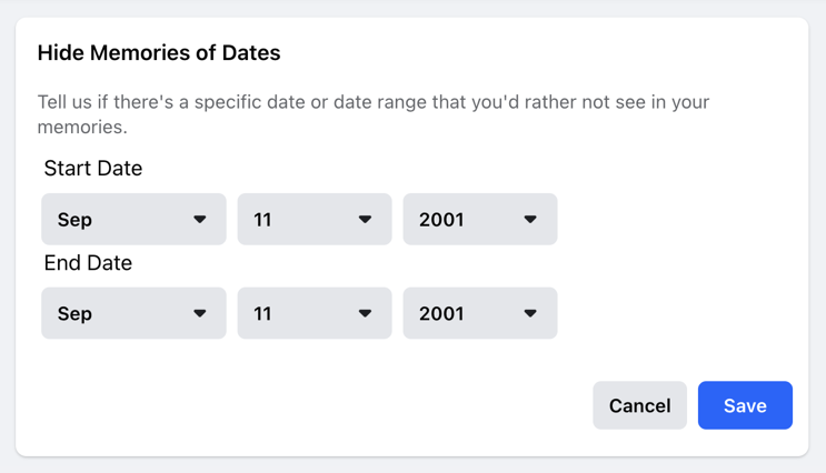 facebook fb memories - hide date or date range - 9/11/2001