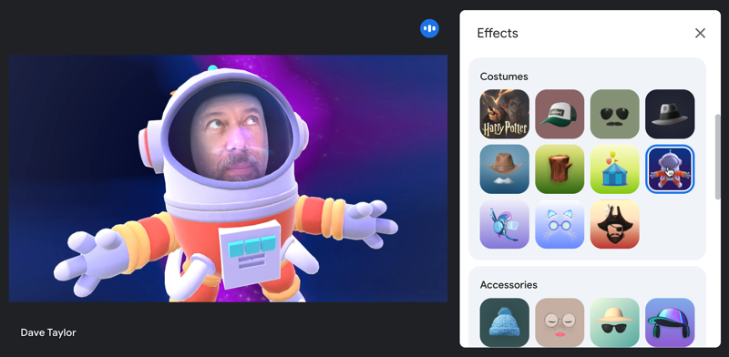 google meet - ai background - effects window - spaceman filter