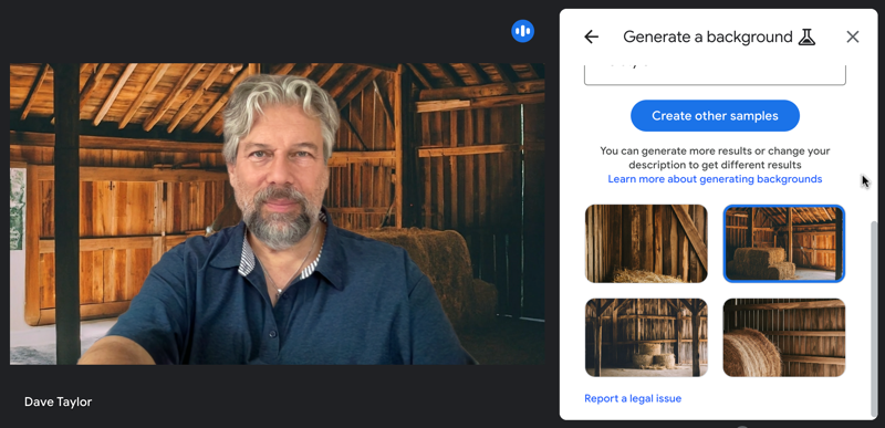 google meet - ai background - effects window - I'm in a barn!
