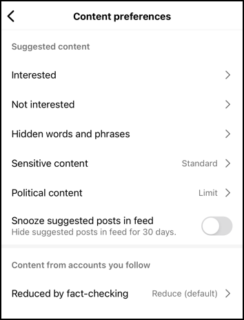 instagram political filtering - content preferences  - 