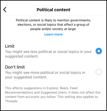 instagram political filtering - content preferences  - limit political content