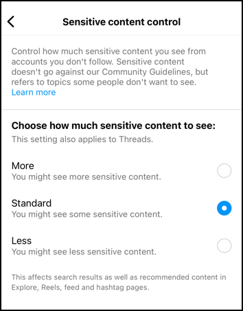 instagram political filtering - content preferences  - sensitive content settings