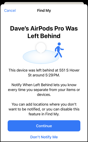 apple find my notification - airpods pro left behind