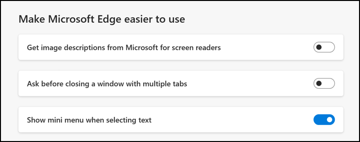 microsoft edge text selection mini menu - settings enable