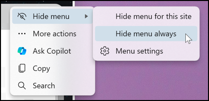 microsoft edge text selection mini menu - hide menu options