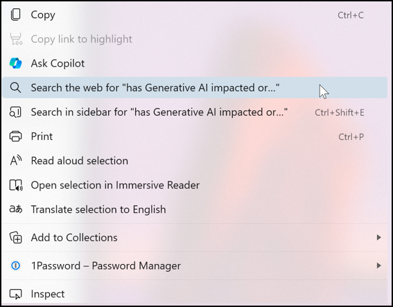 microsoft edge text selection mini menu - more actions menu