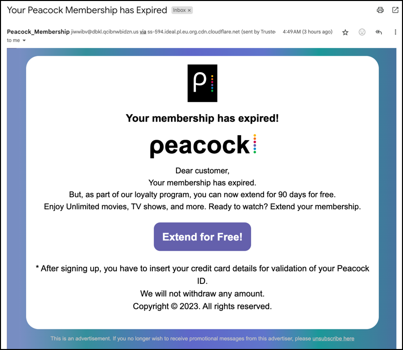 peacock subscription expired spam scam - email message